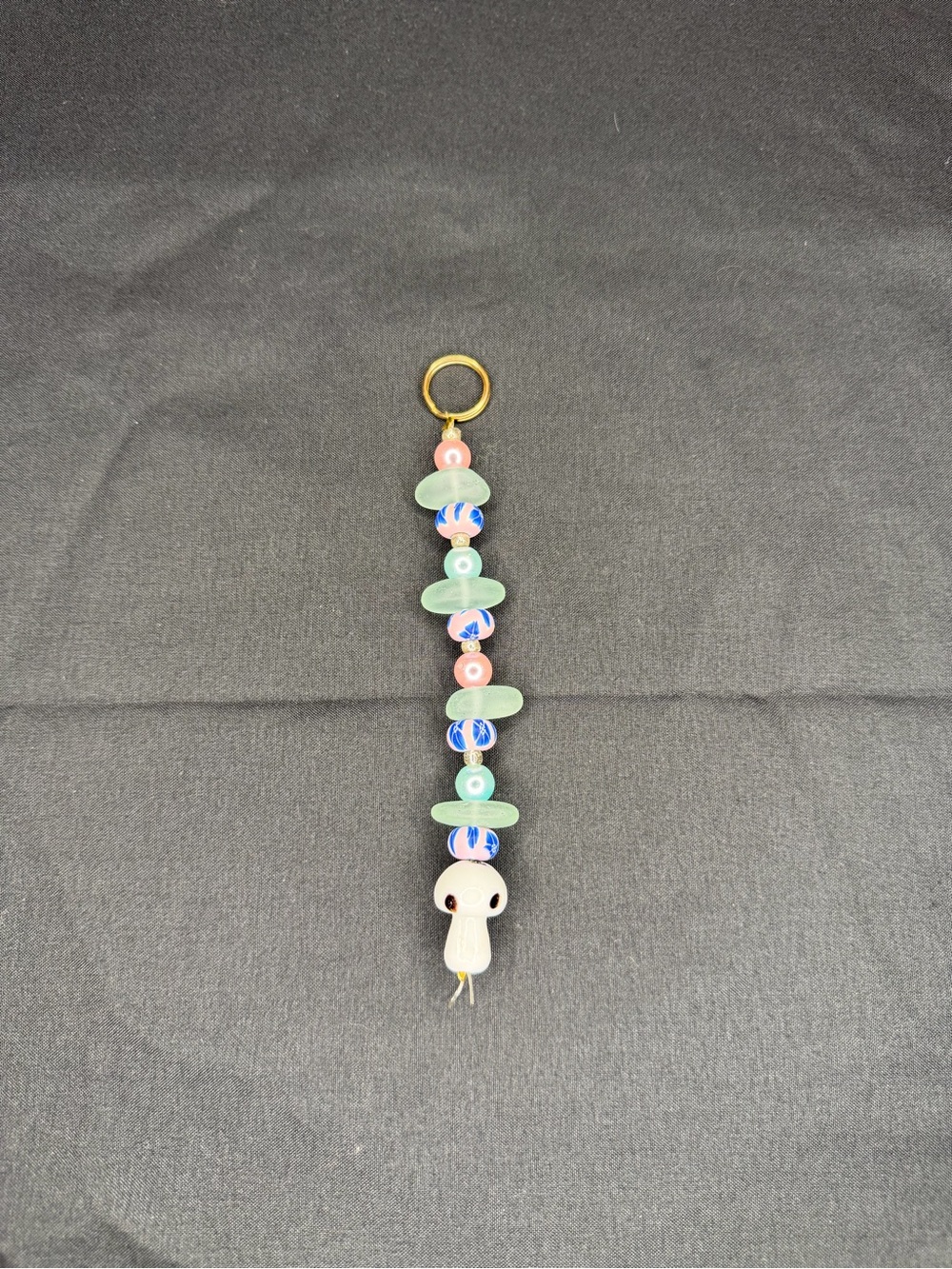 Beaded Mushroom Charm Keychain - Pink & Green sea-glass style